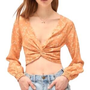 Urban Outfitters | Twist Front Crop Deep V-Neck Plunge Long Sleeve Floral Top